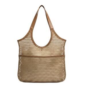 Missnine Mesh Beach Tote Bag Tan Net Shoulder Bag Foldable Faux Leather Trim NEW